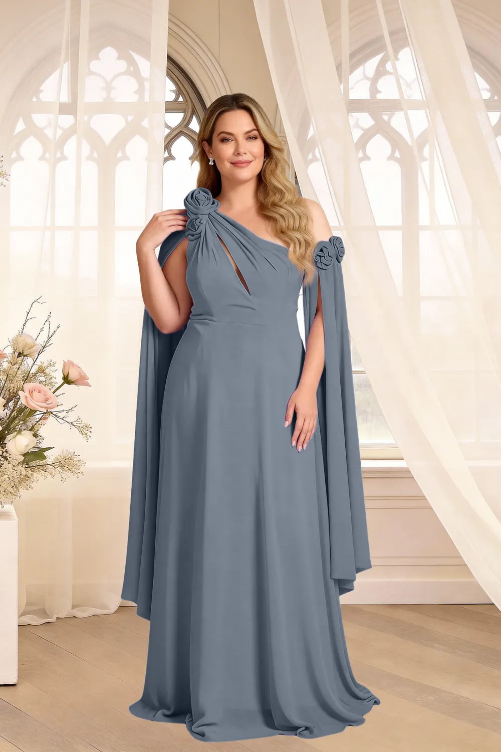 Floral Shoulder Cape A-Line Evening Gown