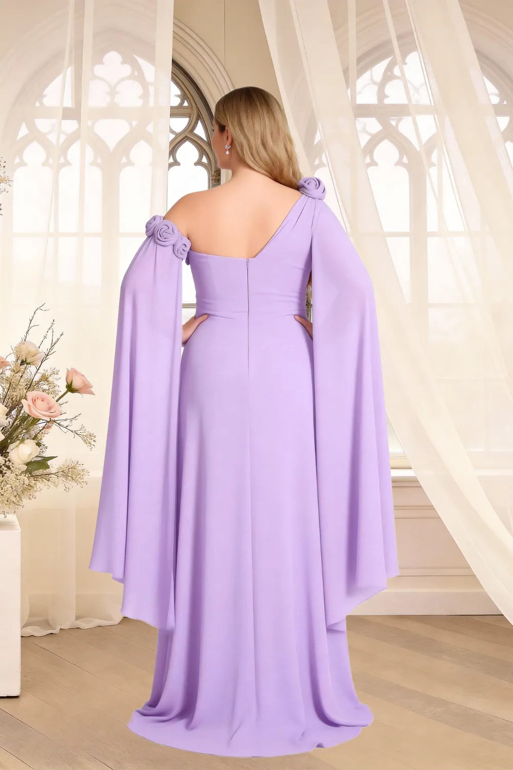 Floral Shoulder Cape A-Line Evening Gown