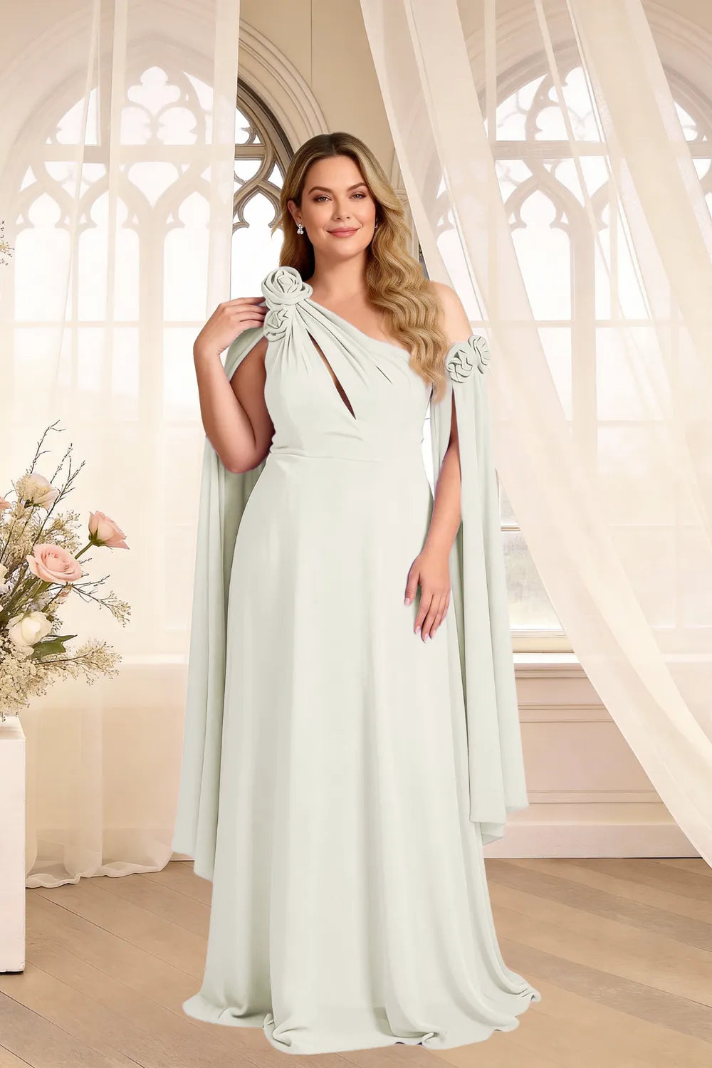 Floral Shoulder Cape A-Line Evening Gown