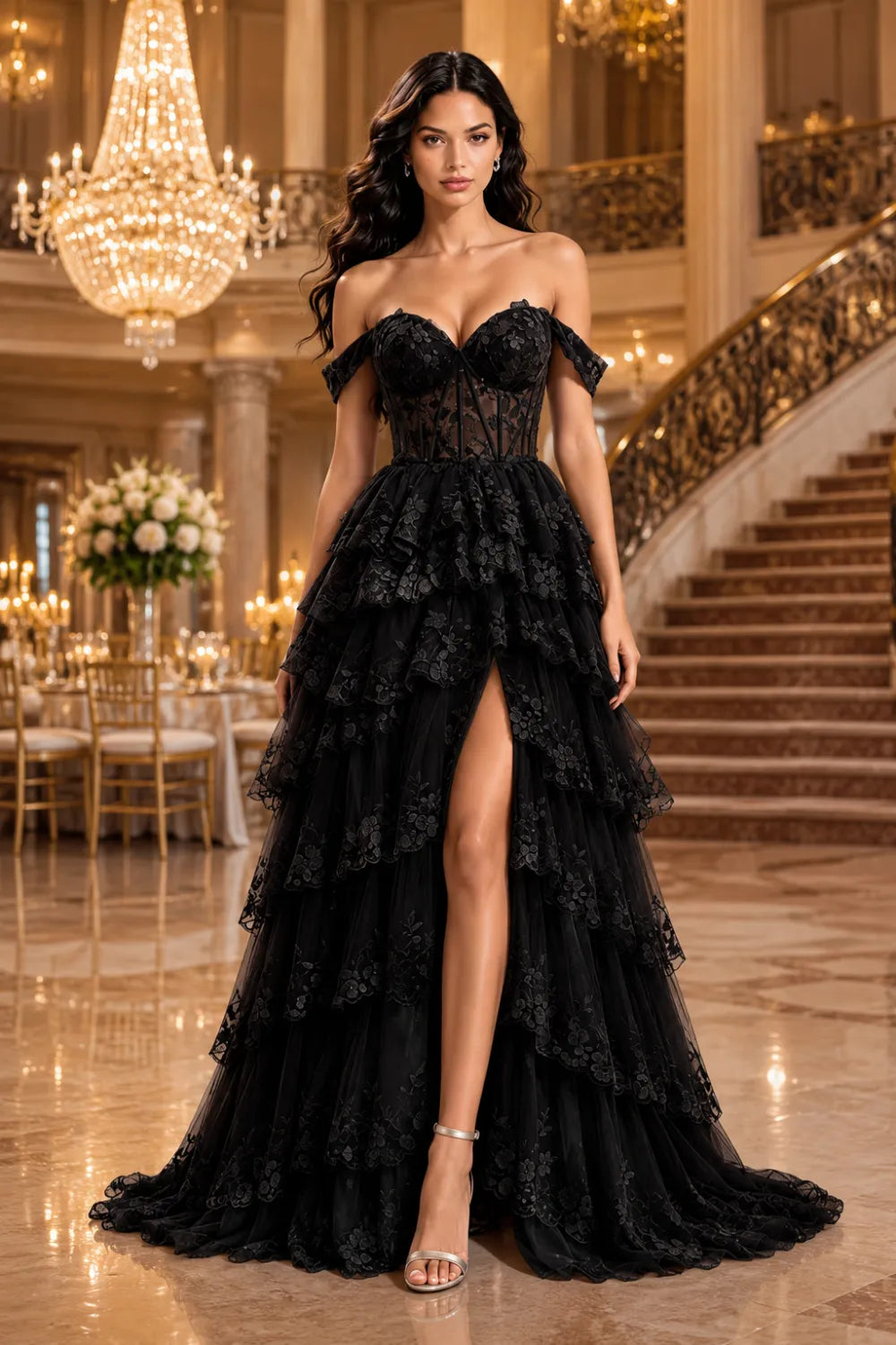 Off‑Shoulder Lace Corset Tiered Tulle Gown