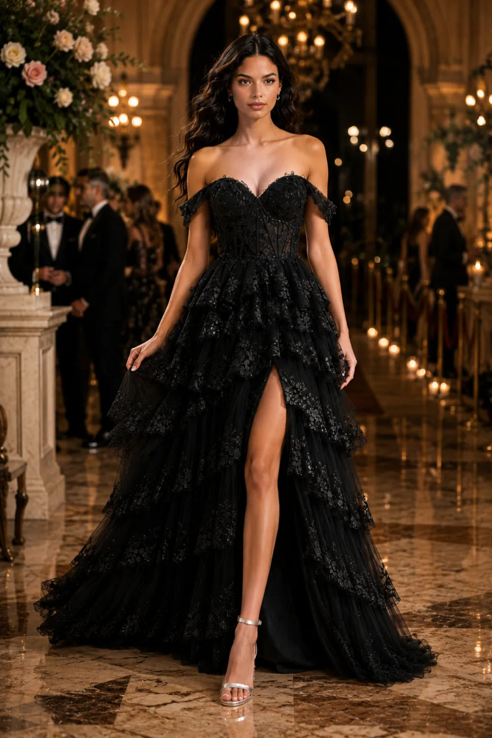 Off‑Shoulder Lace Corset Tiered Tulle Gown