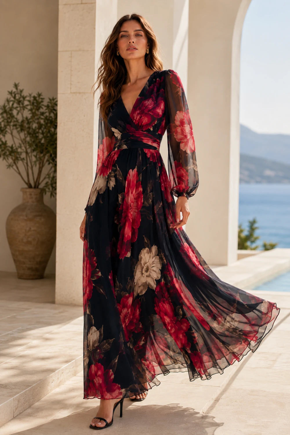 Black Red Floral V-Neck Long-Sleeve Chiffon Maxi Dress