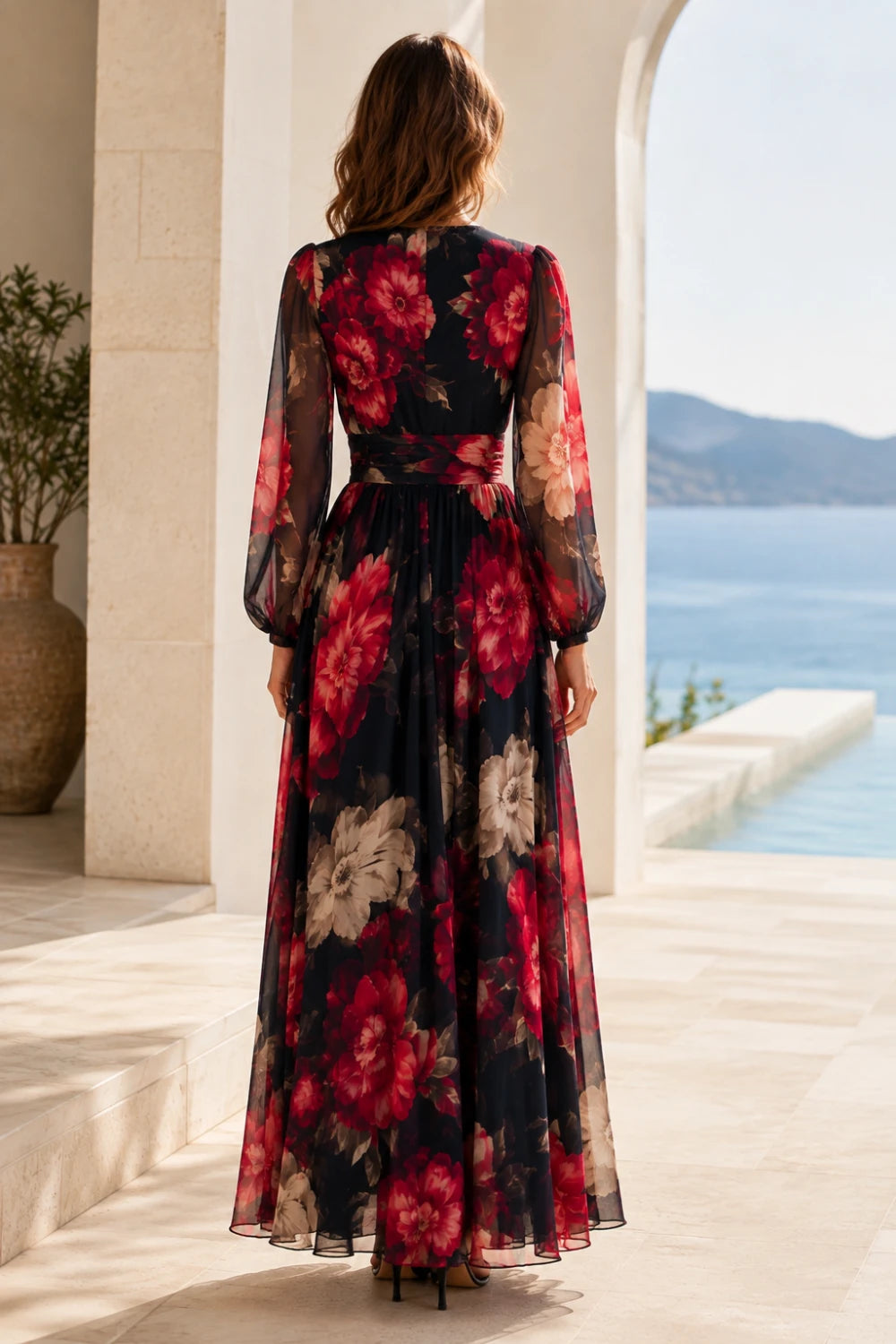 Black Red Floral V-Neck Long-Sleeve Chiffon Maxi Dress