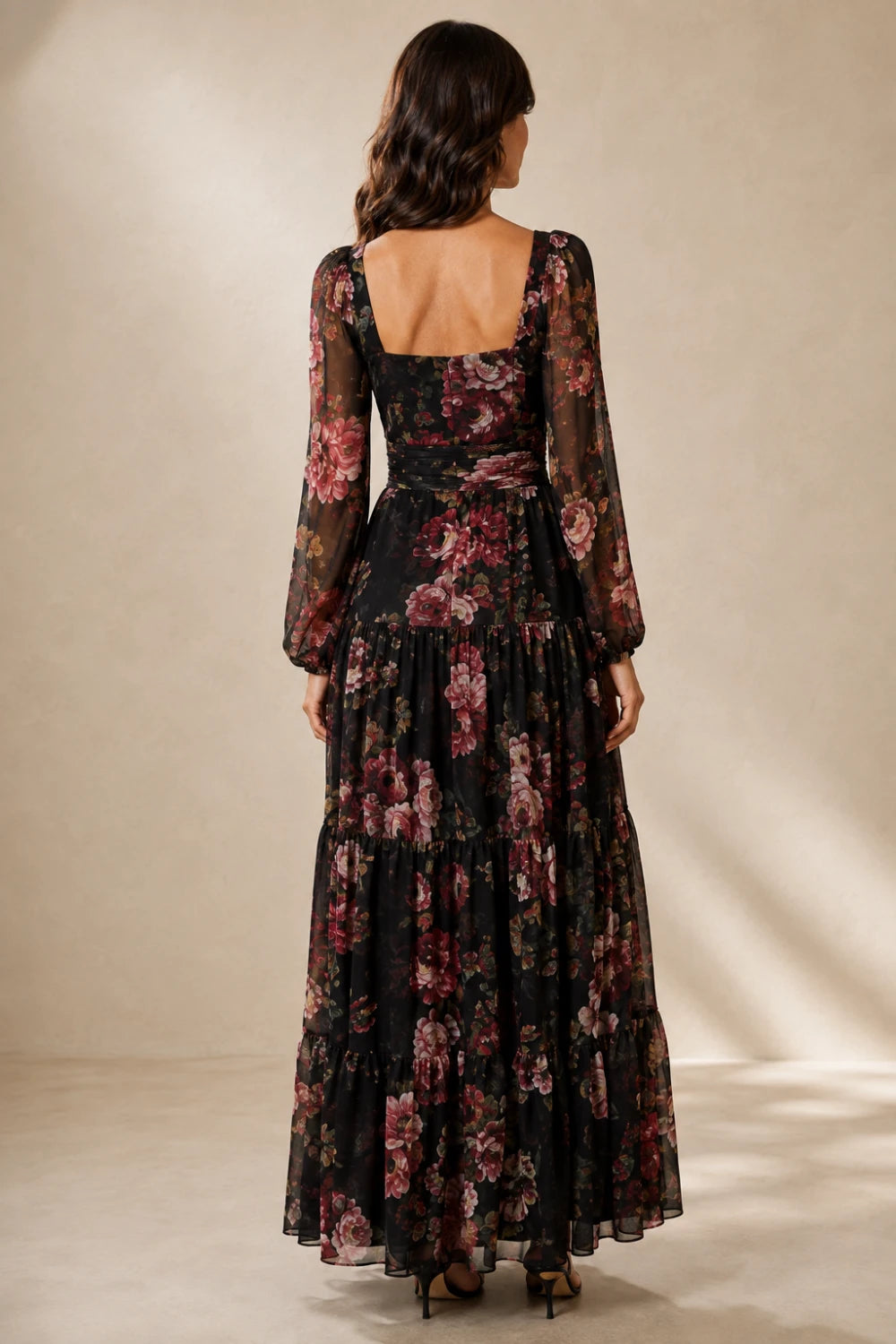 Black Rose Floral Square-Neck Tiered Chiffon Maxi Dress