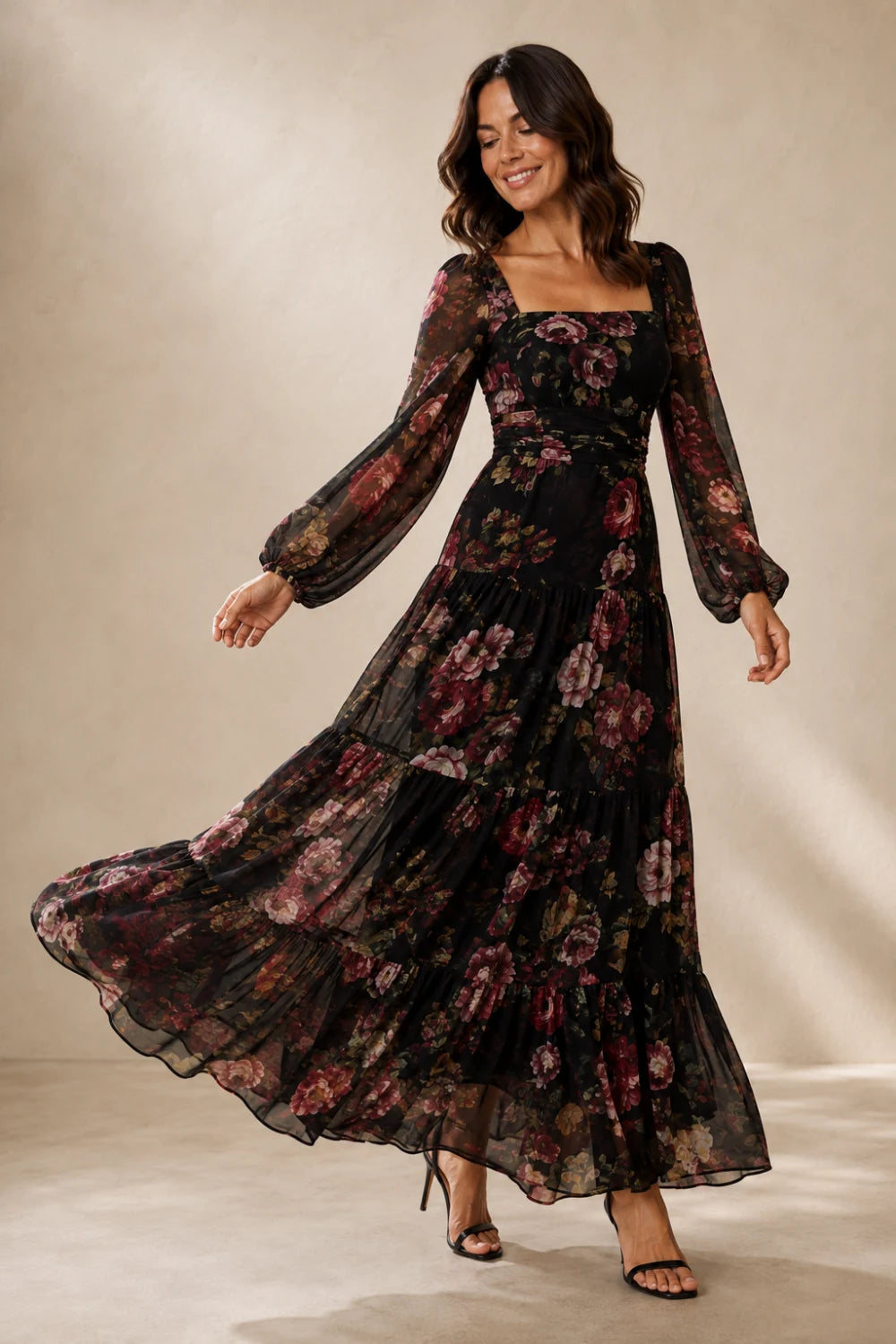 Black Rose Floral Square-Neck Tiered Chiffon Maxi Dress