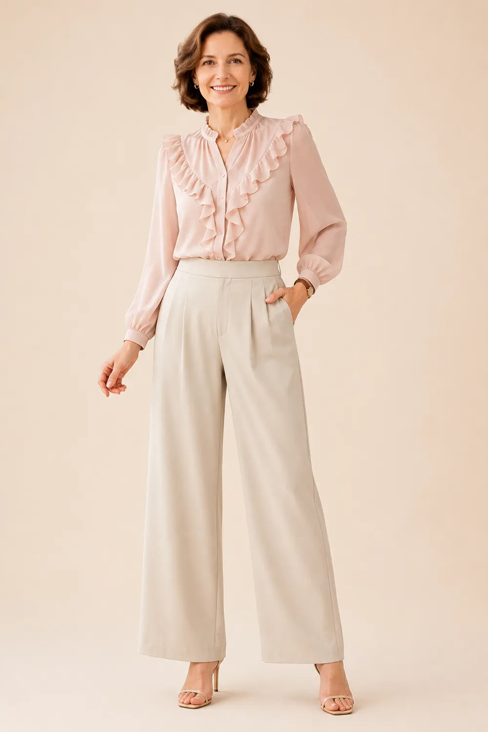 Elegant Ruffle Chiffon Blouse and Wide Leg Pant Set