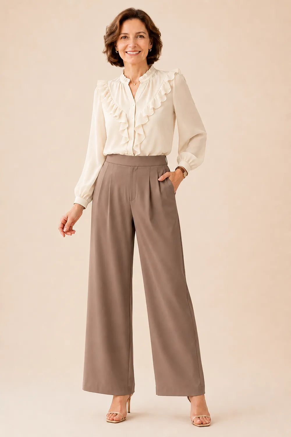 Elegant Ruffle Chiffon Blouse and Wide Leg Pant Set