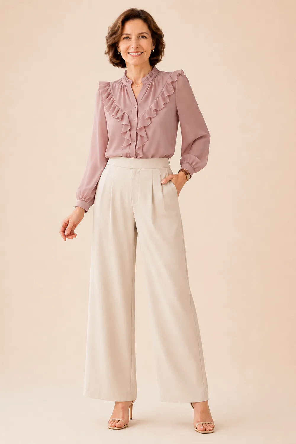 Elegant Ruffle Chiffon Blouse and Wide Leg Pant Set