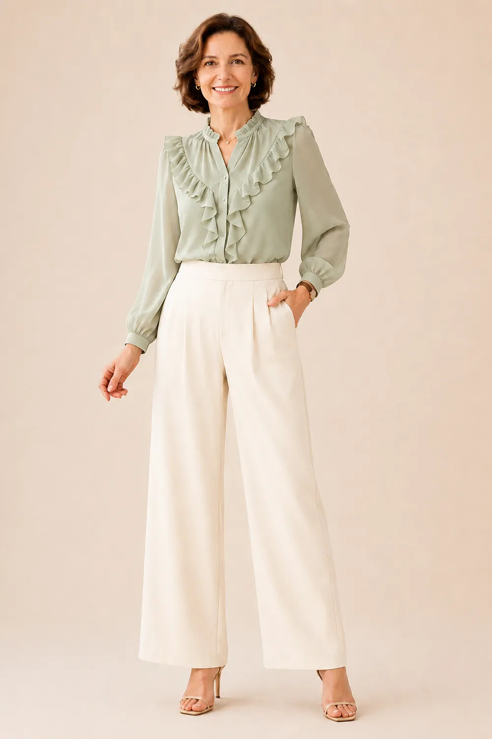 Elegant Ruffle Chiffon Blouse and Wide Leg Pant Set