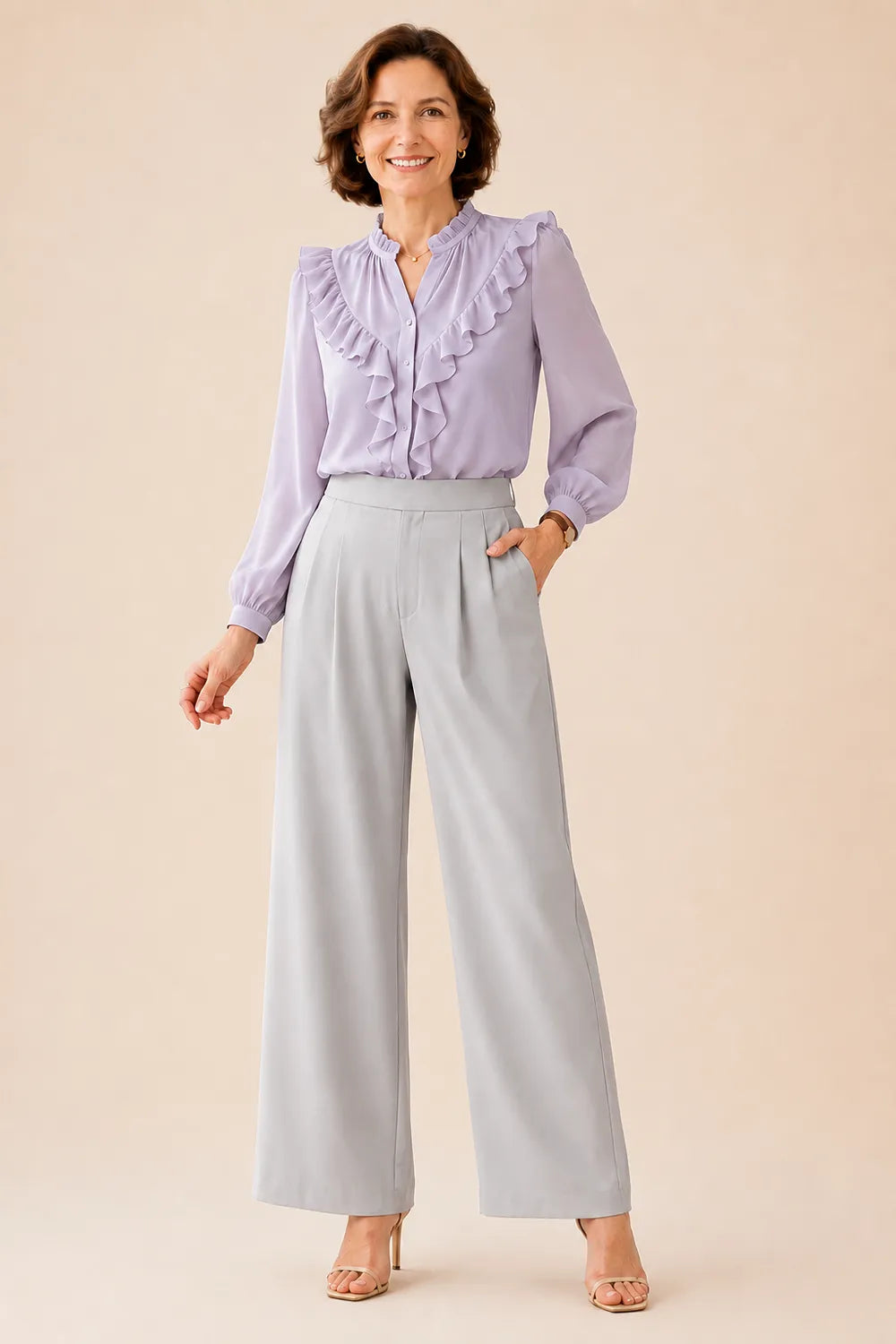Elegant Ruffle Chiffon Blouse and Wide Leg Pant Set
