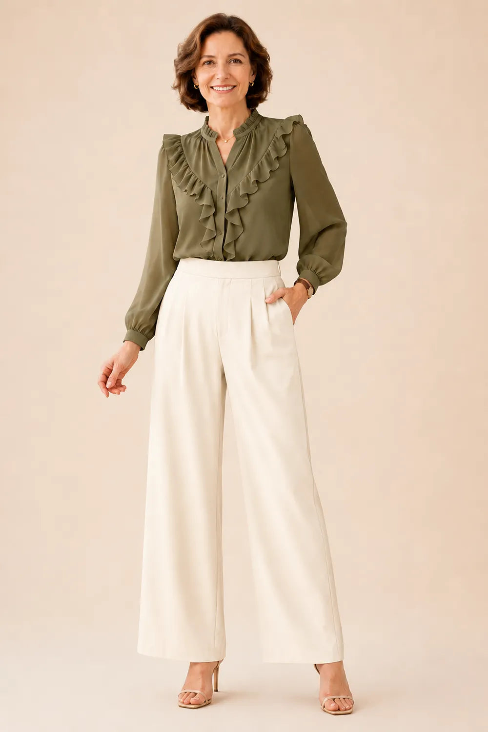 Elegant Ruffle Chiffon Blouse and Wide Leg Pant Set