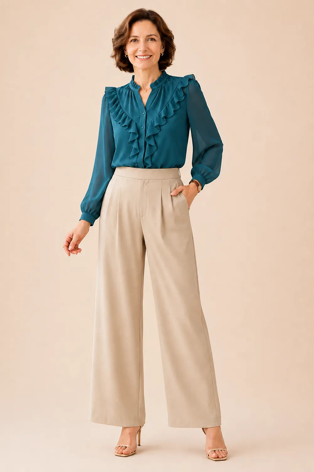 Elegant Ruffle Chiffon Blouse and Wide Leg Pant Set