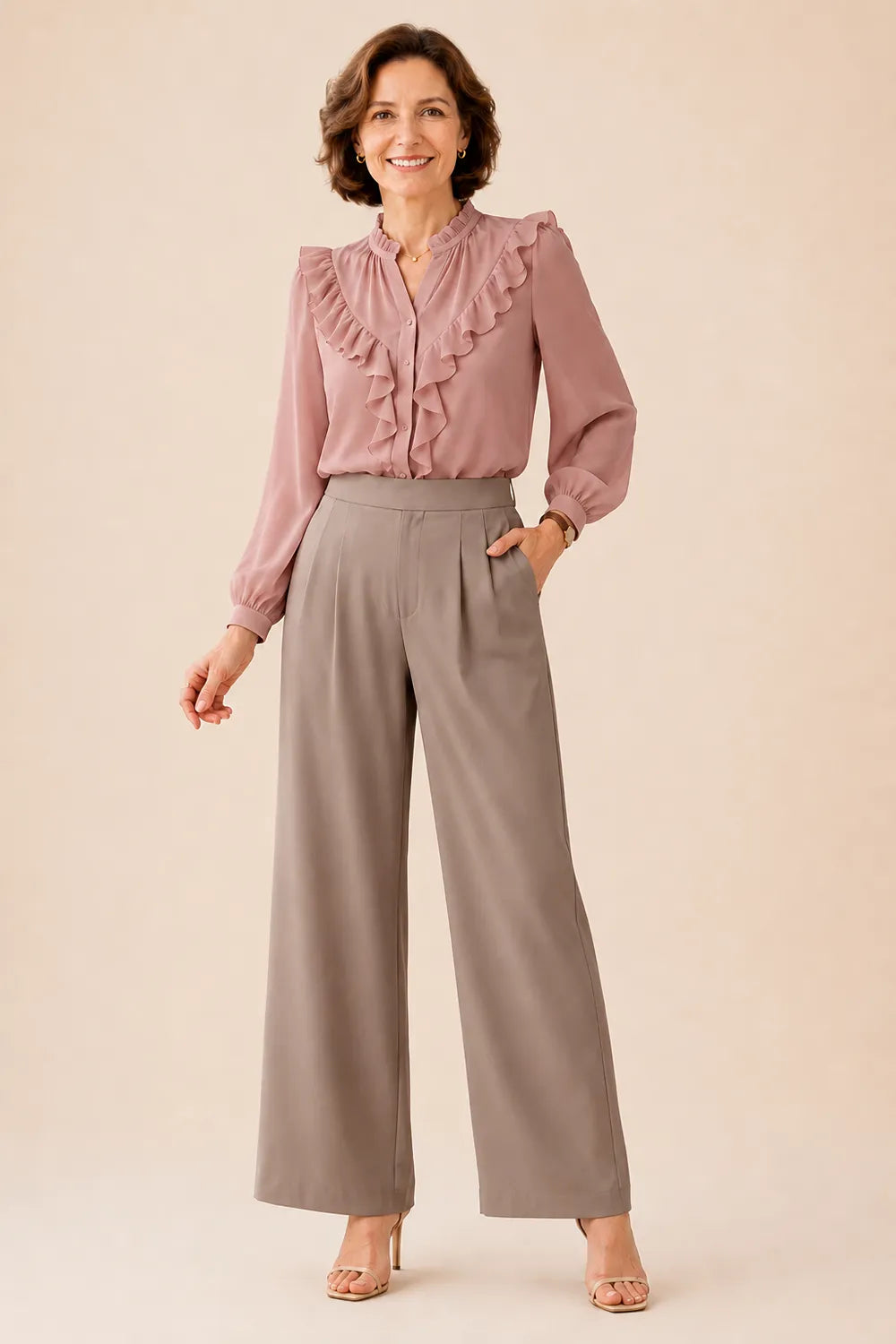 Elegant Ruffle Chiffon Blouse and Wide Leg Pant Set