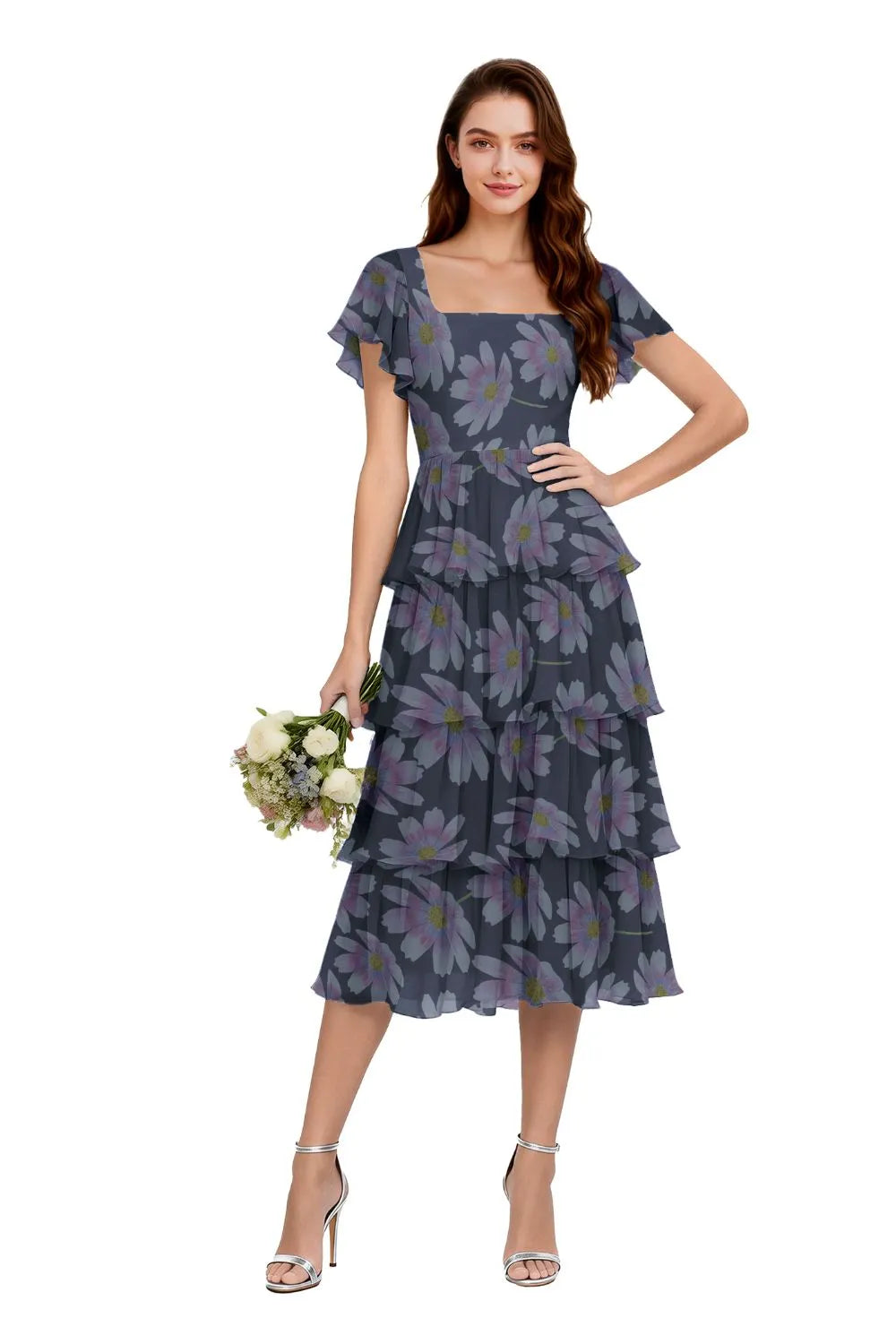 Floral Square Neck Ruffle Sleeve Dress