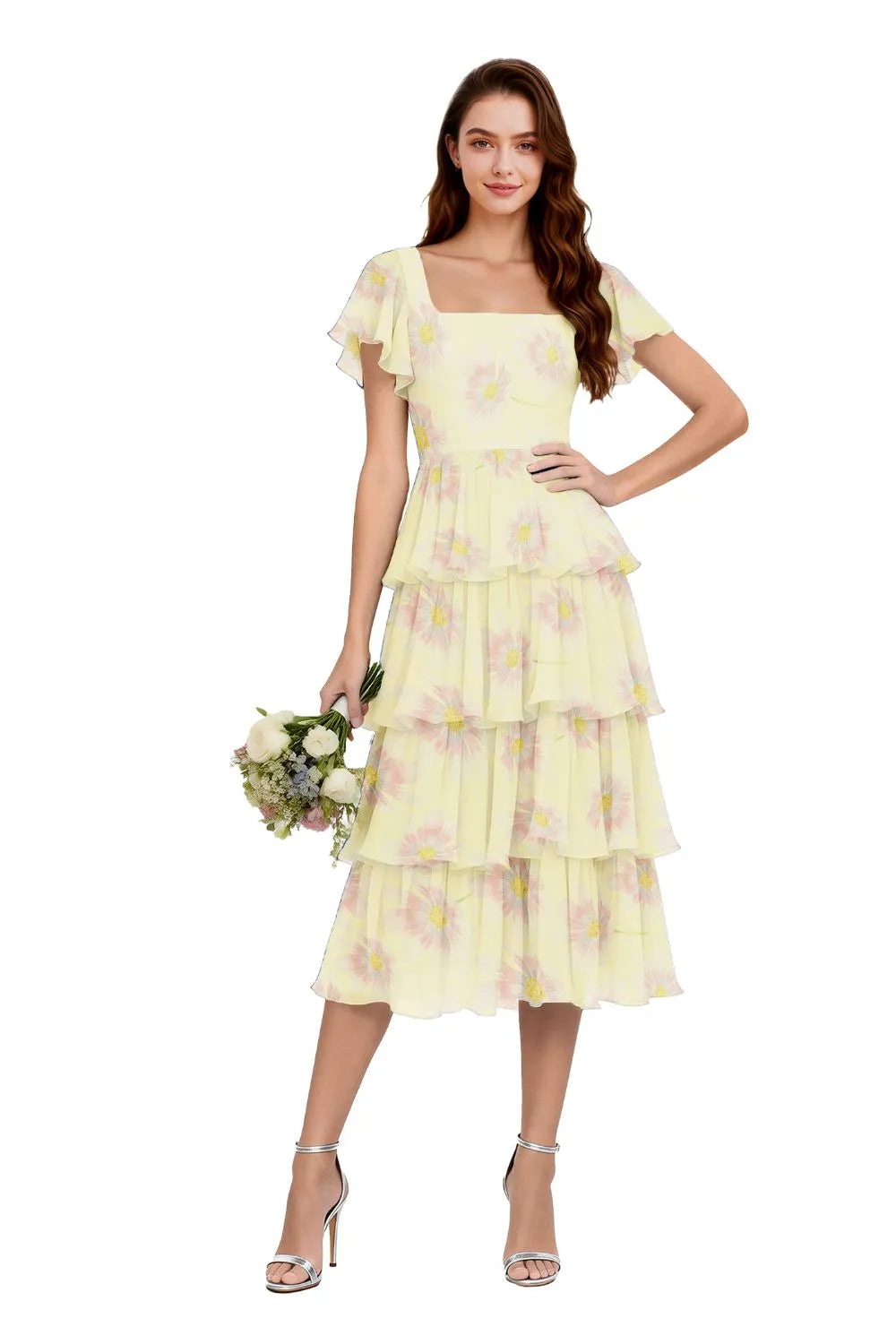 Floral Square Neck Ruffle Sleeve Dress