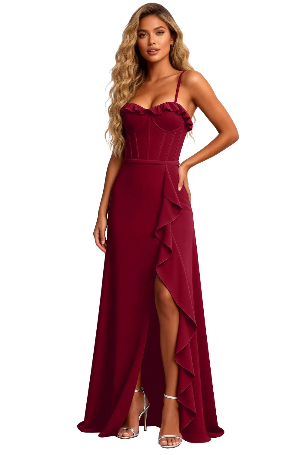 Elegant Corset Ruffle Slit Formal Maxi Dress
