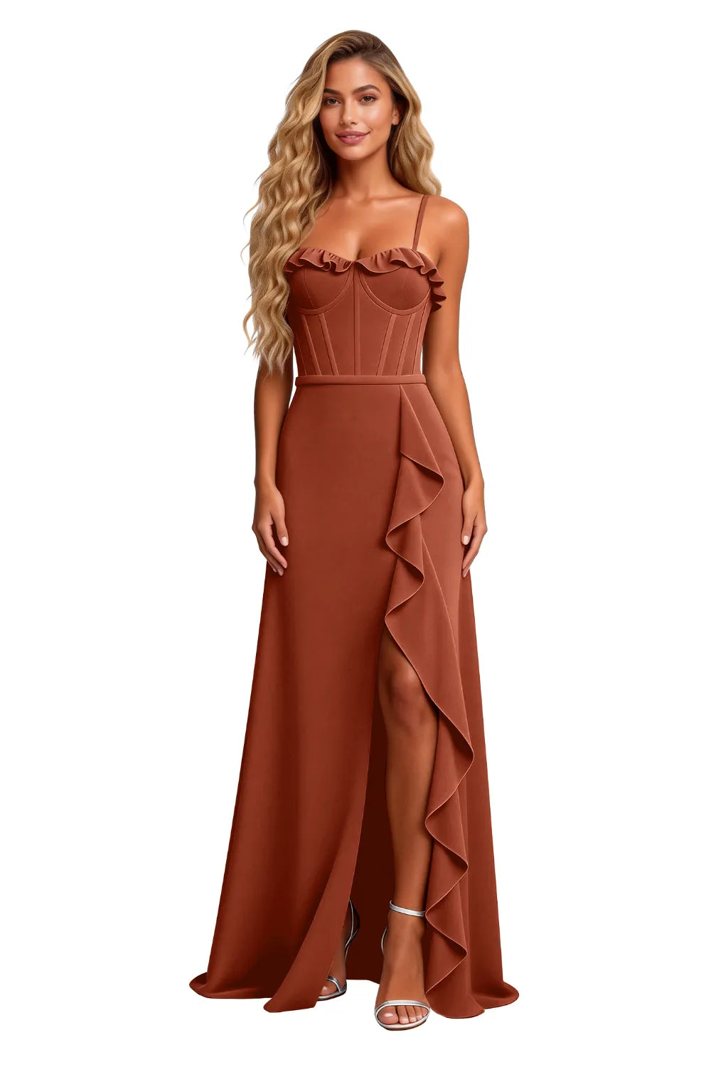 Elegant Corset Ruffle Slit Formal Maxi Dress