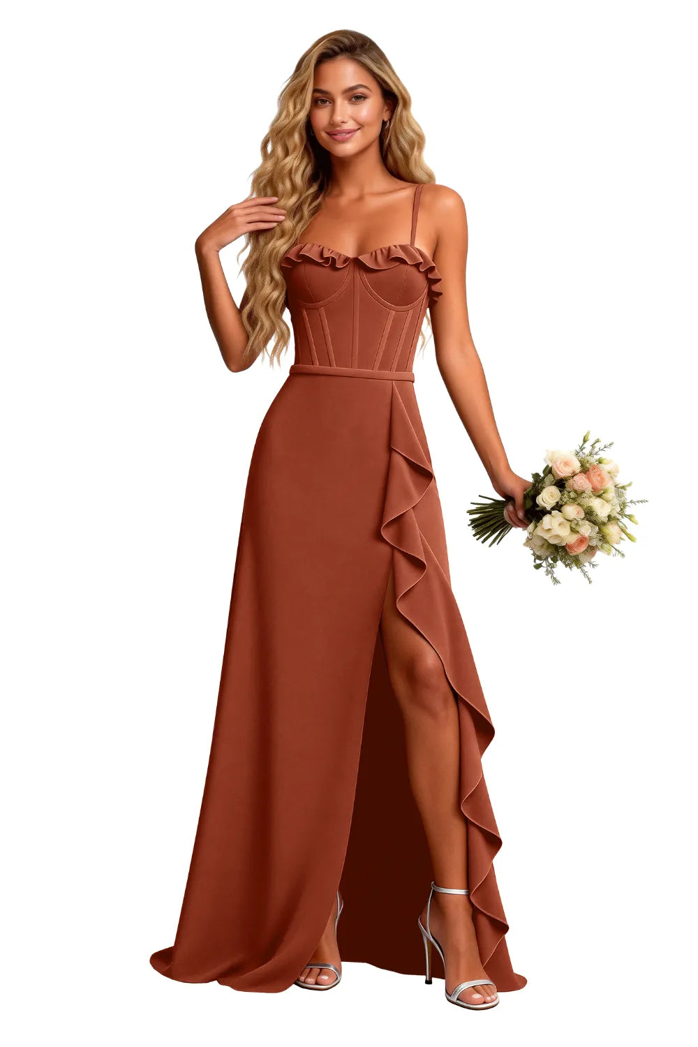 Elegant Corset Ruffle Slit Formal Maxi Dress