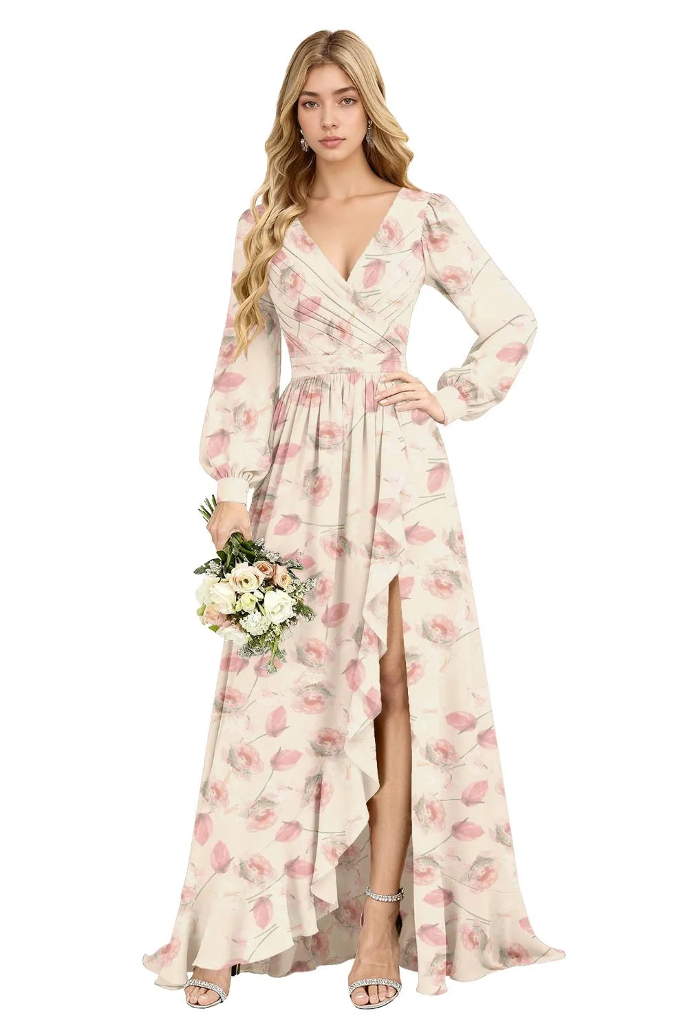 Petal Cascade Ruffle-Slit Maxi Dress