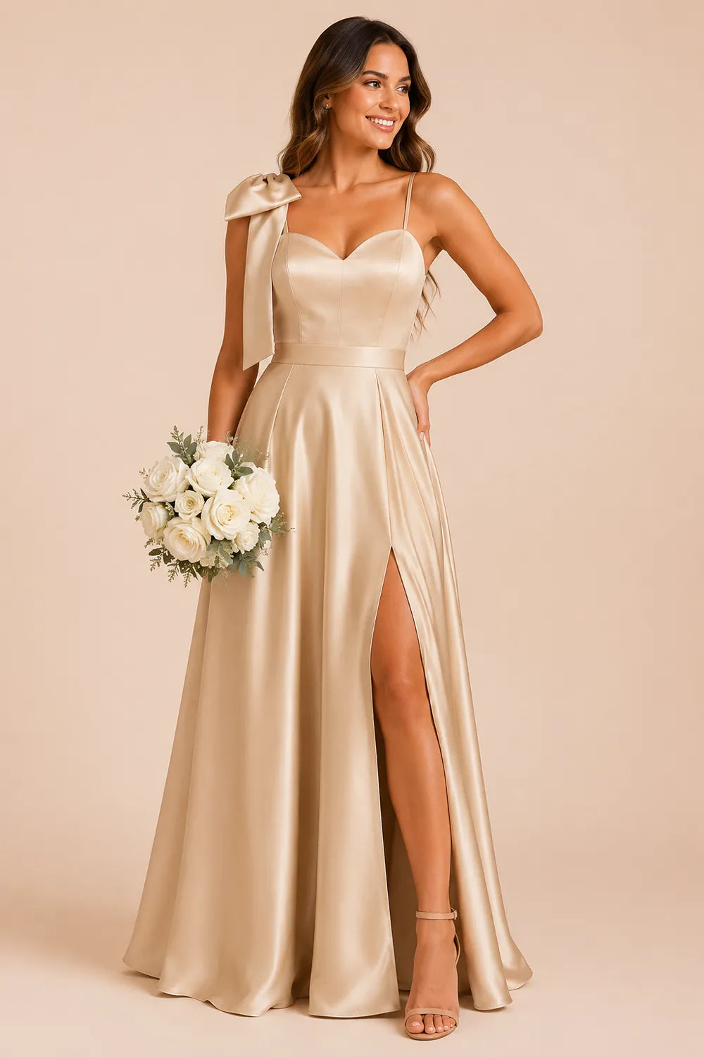 Elegant Bow Shoulder Satin Bridesmaid Gown