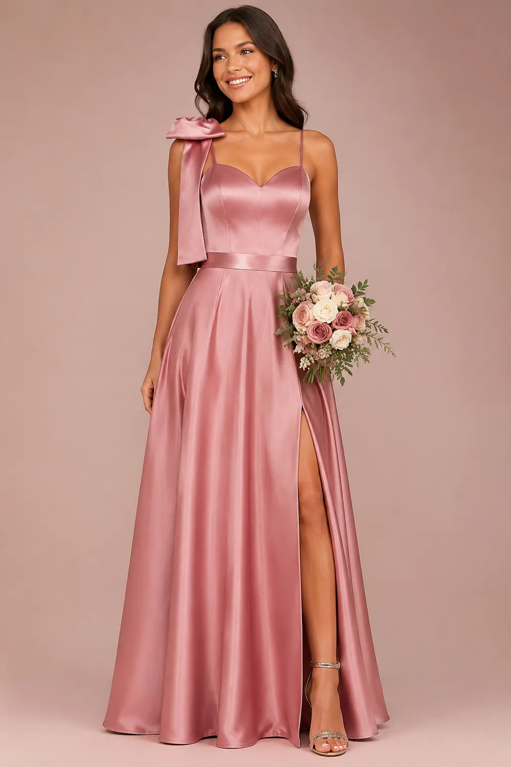 Elegant Bow Shoulder Satin Bridesmaid Gown