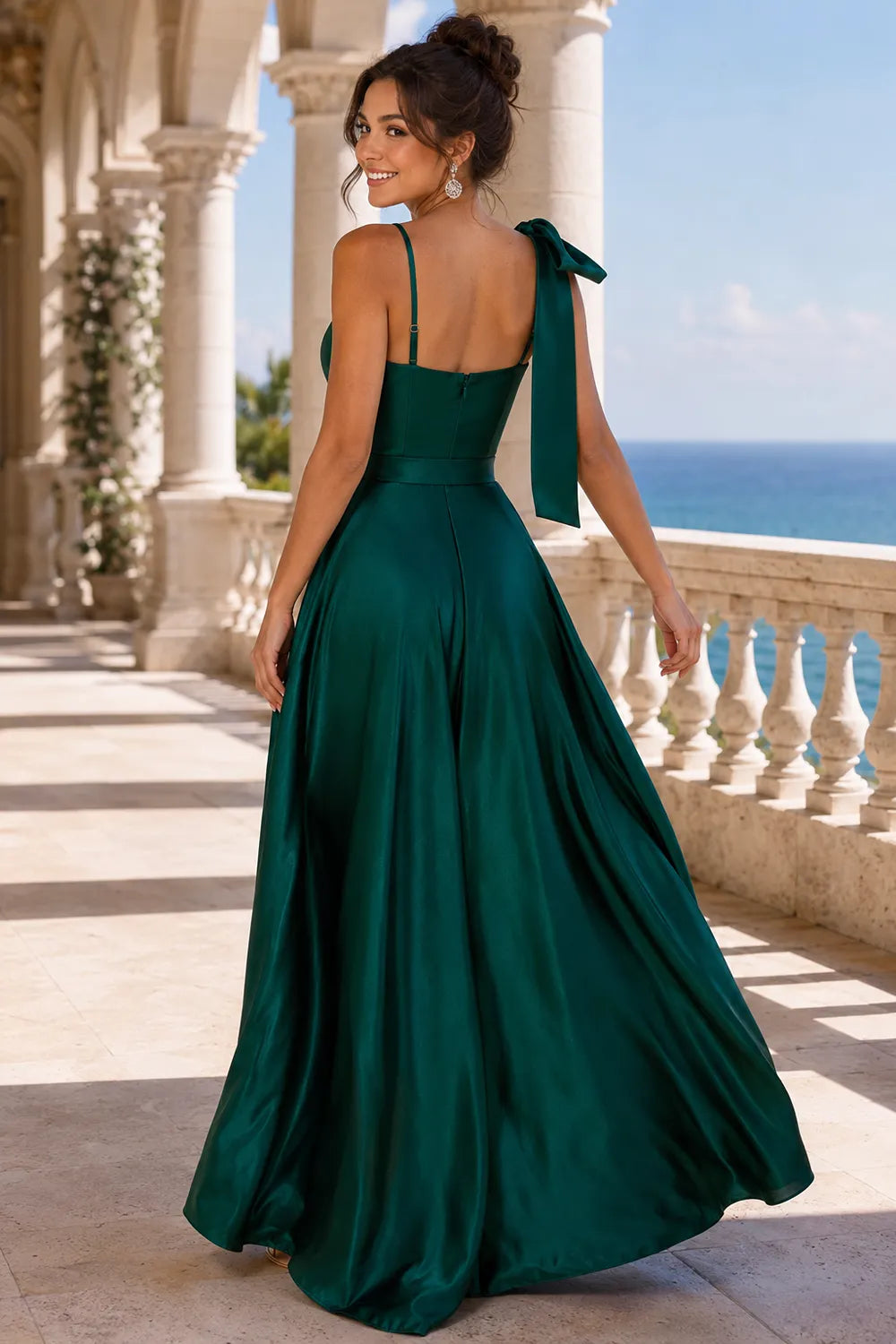Elegant Bow Shoulder Satin Bridesmaid Gown