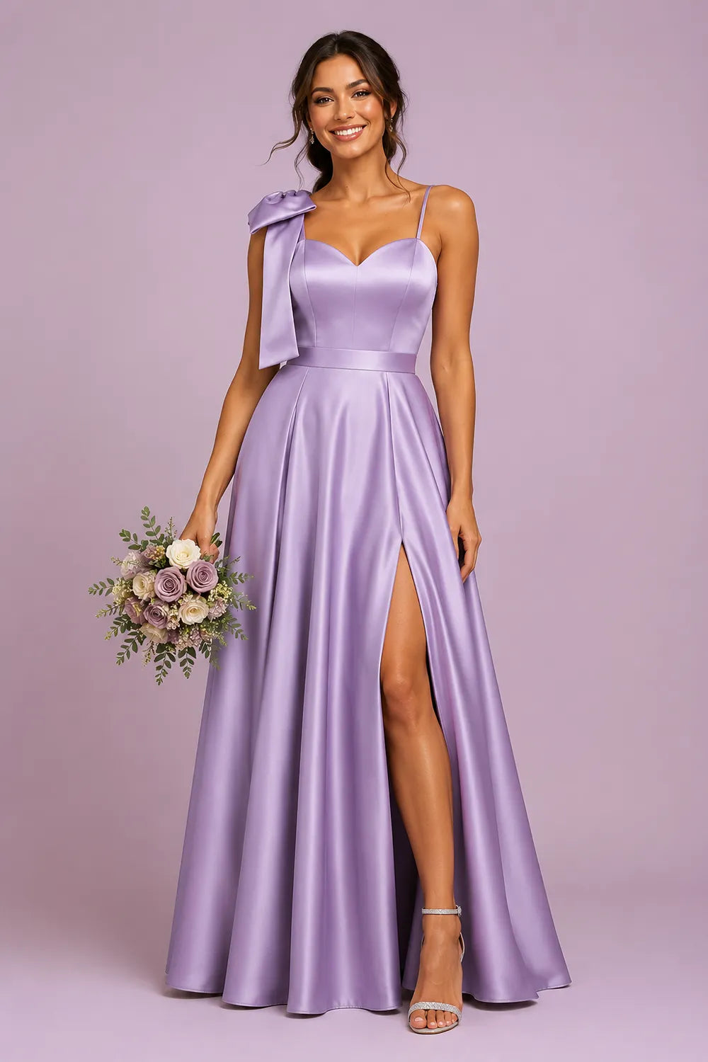 Elegant Bow Shoulder Satin Bridesmaid Gown
