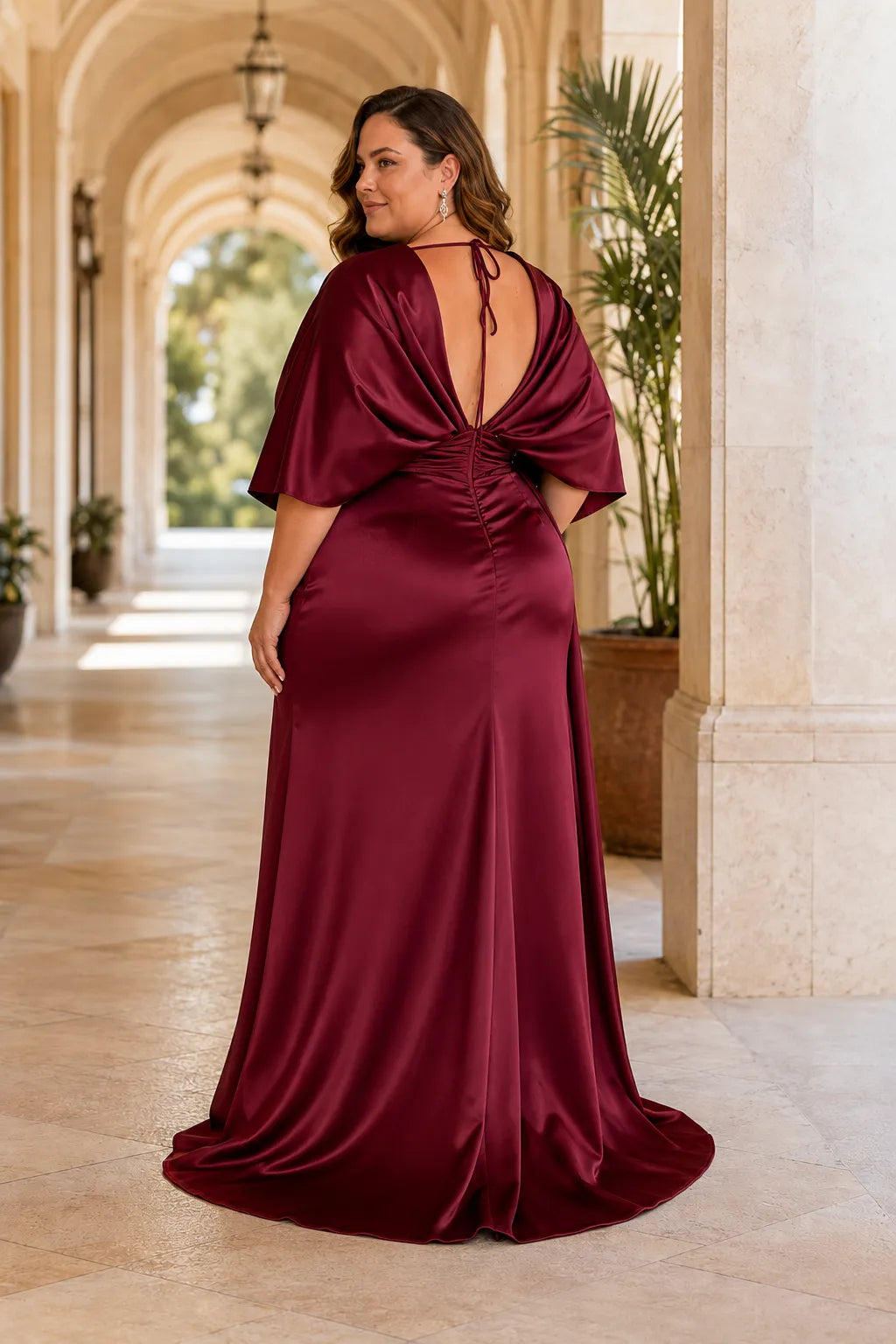 Luxury Satin Cape Sleeve Formal Gown with Side Slit