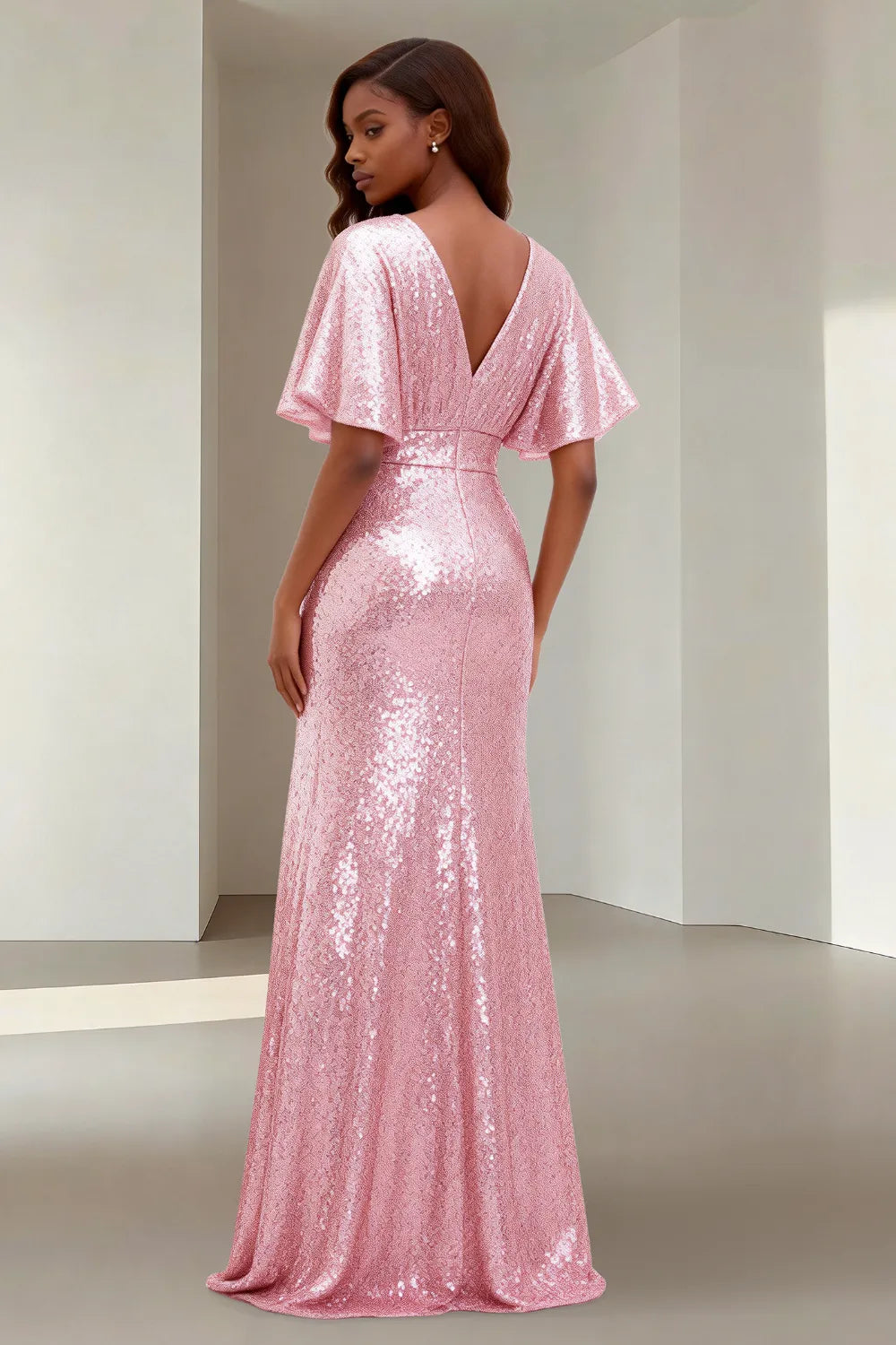 Elegant Sequin V Neck Evening Gown with High Slit