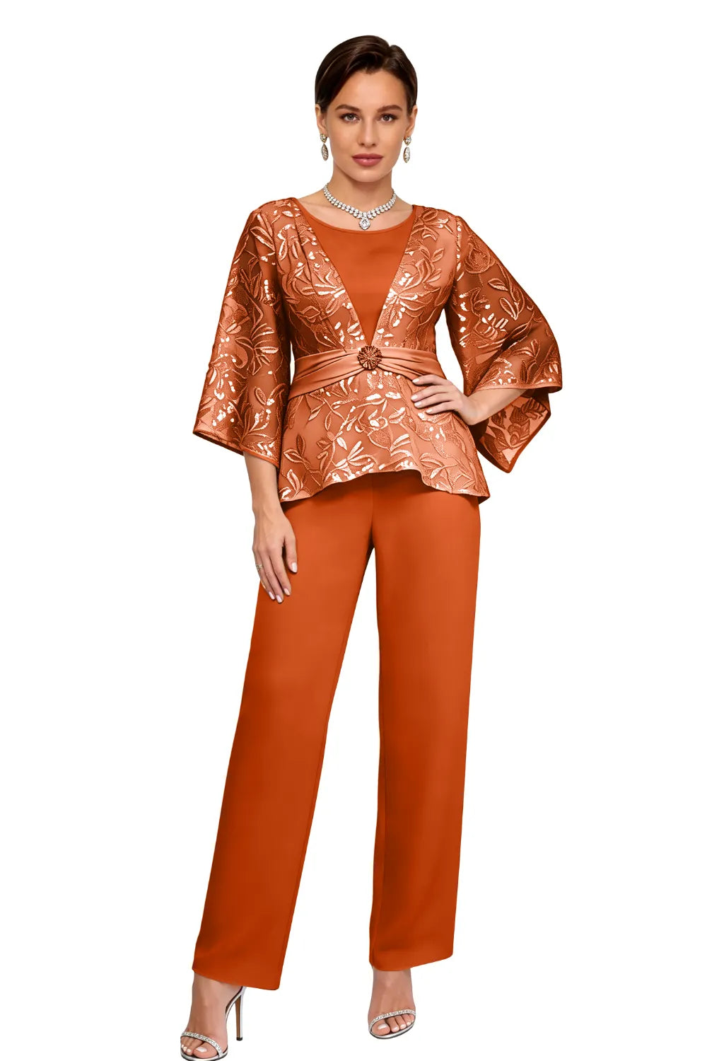Sheer Bell Sleeve Embellished Evening Pant Set