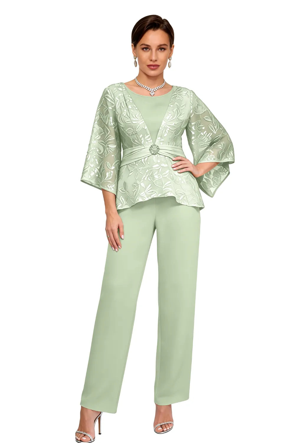 Sheer Bell Sleeve Embellished Evening Pant Set