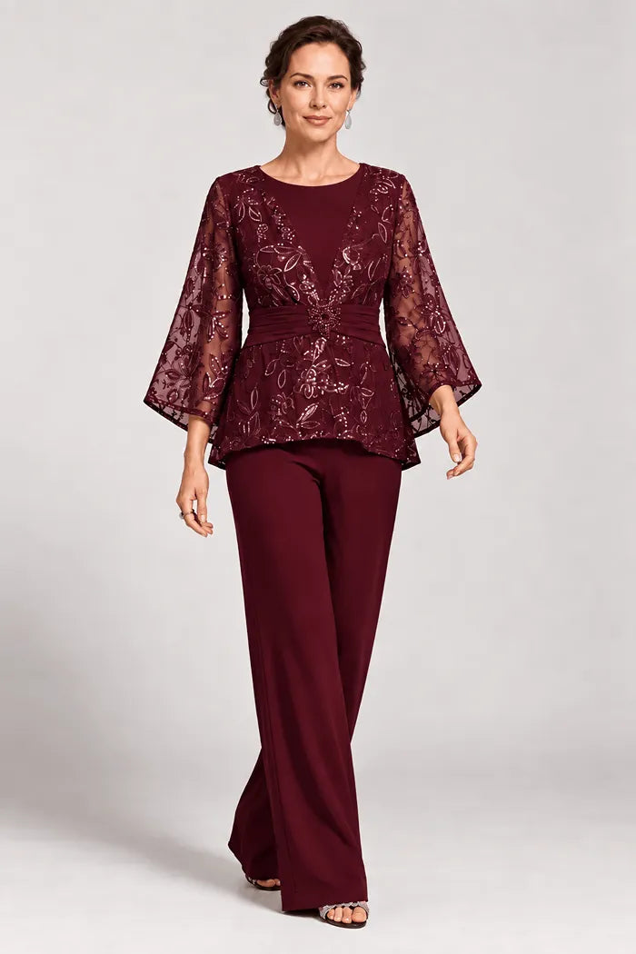 Sheer Bell Sleeve Embellished Evening Pant Set