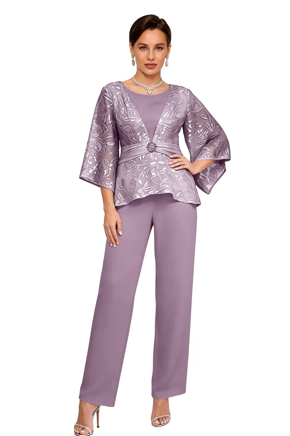 Sheer Bell Sleeve Embellished Evening Pant Set