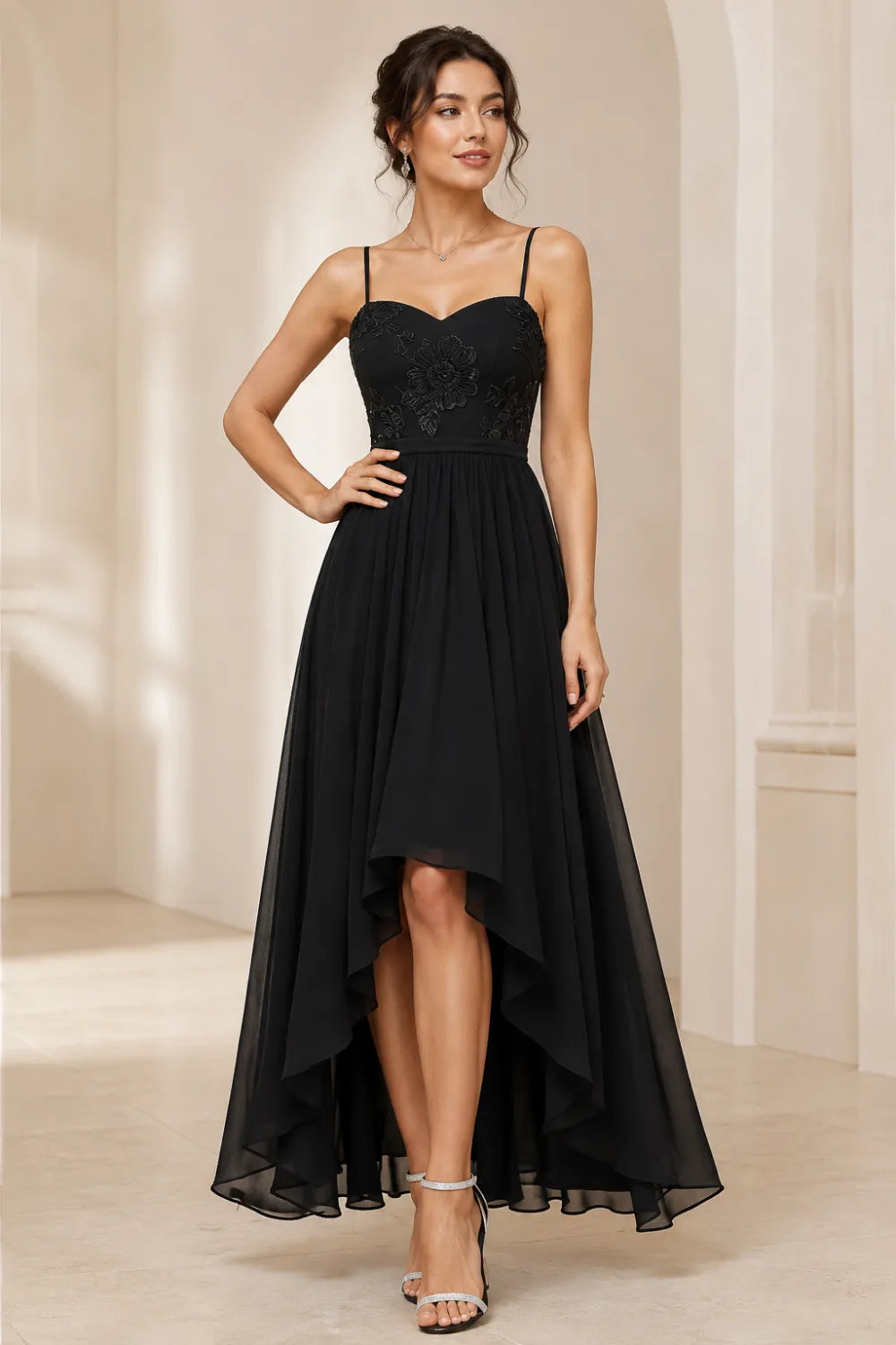 Floral Embroidered High Low Formal Dress