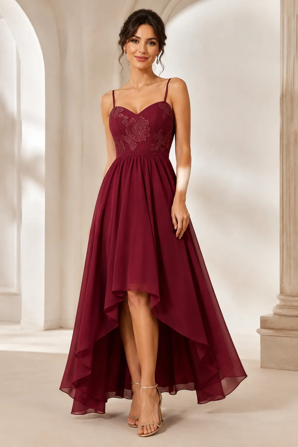 Floral Embroidered High Low Formal Dress