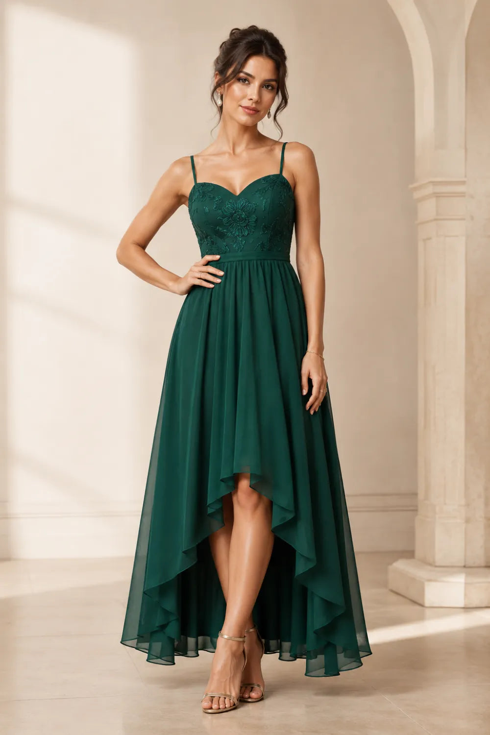 Floral Embroidered High Low Formal Dress