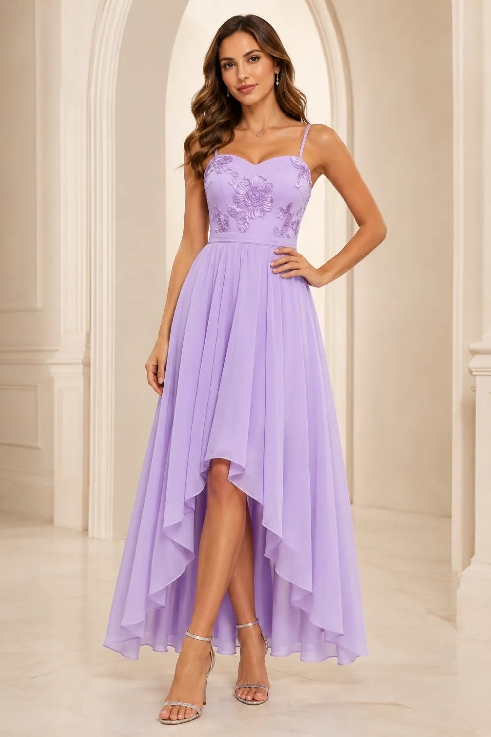Floral Embroidered High Low Formal Dress