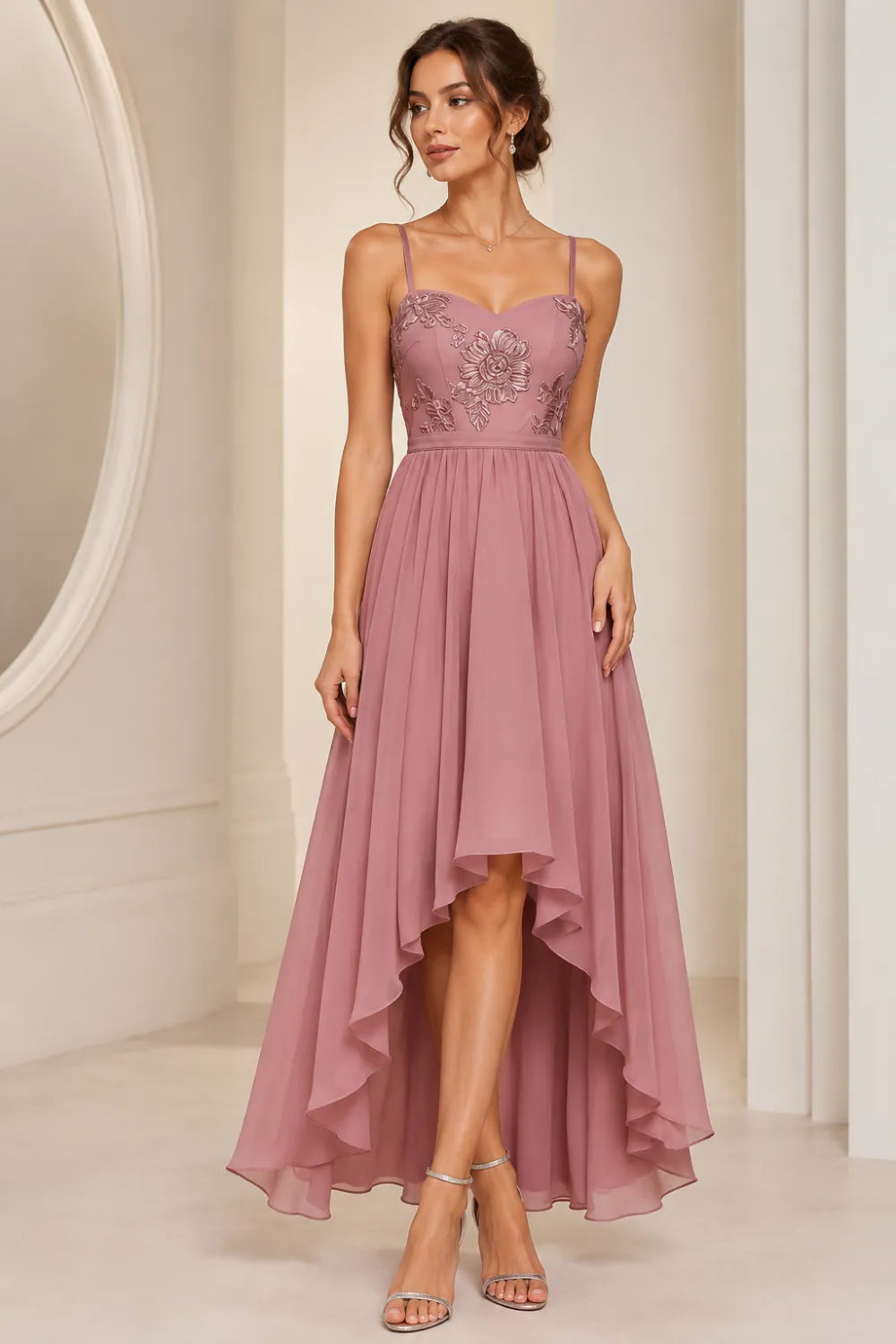 Floral Embroidered High Low Formal Dress