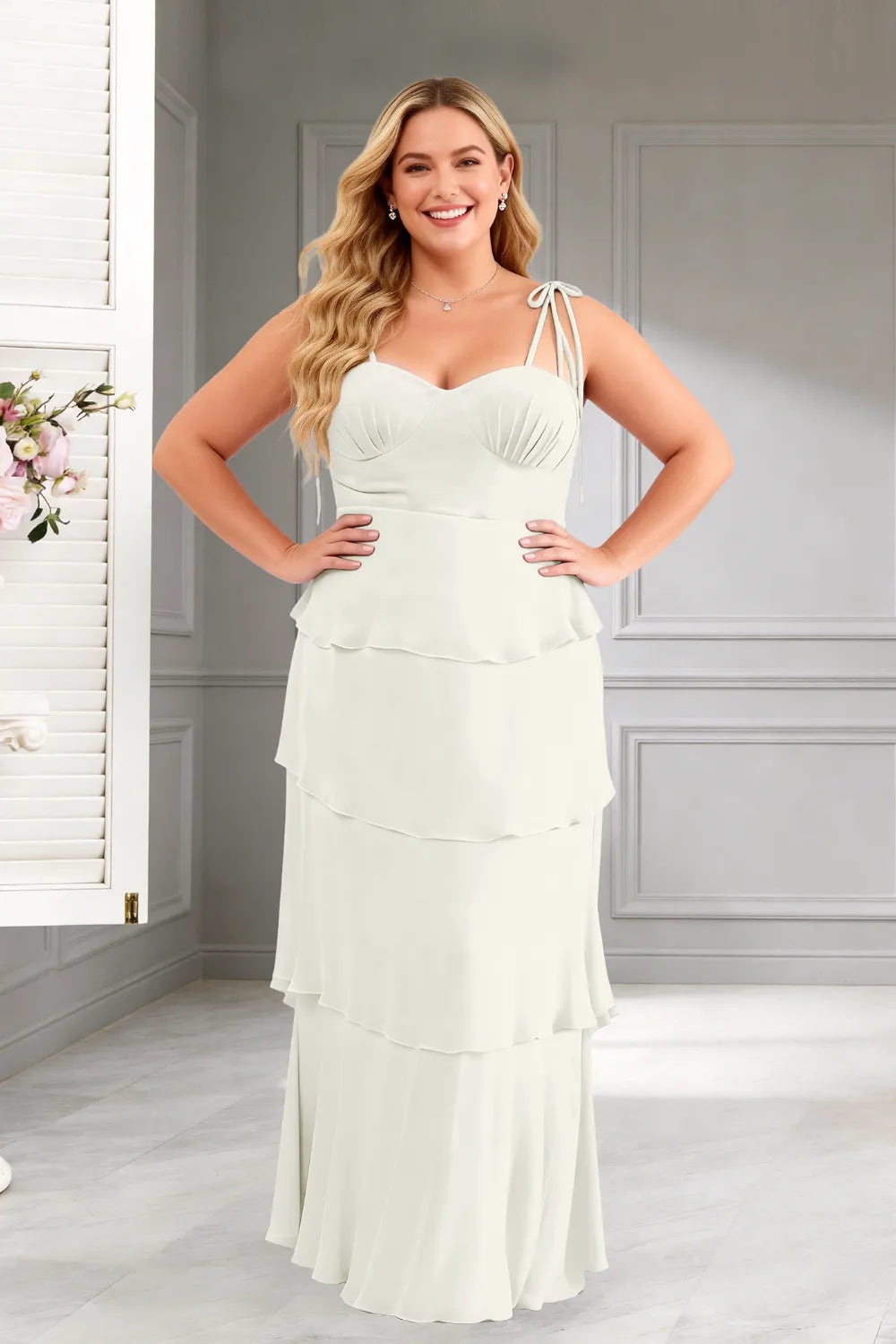 Elegant Tiered Ruffle Tie-Strap Maxi Dress