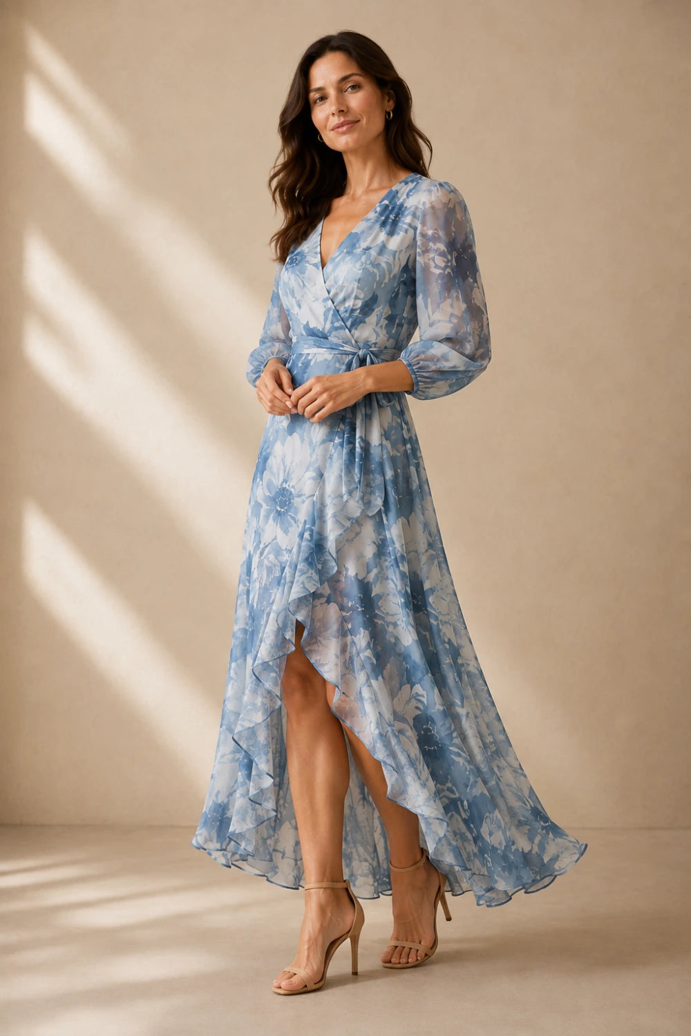 Blue White Floral Wrap High-Low Chiffon Dress