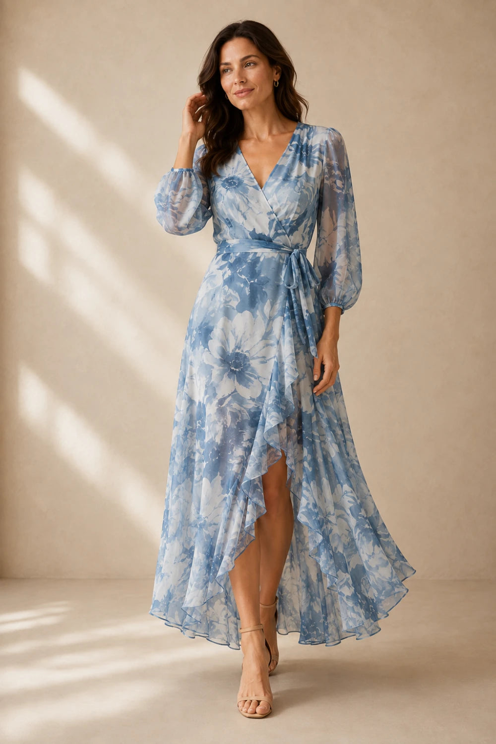 Blue White Floral Wrap High-Low Chiffon Dress
