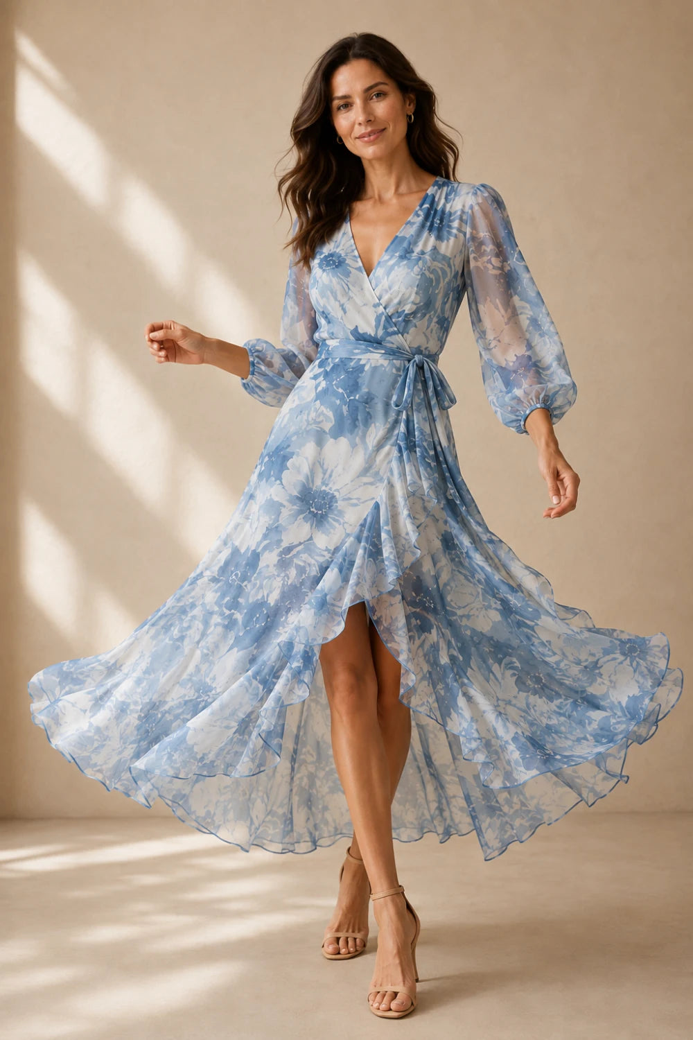 Blue White Floral Wrap High-Low Chiffon Dress