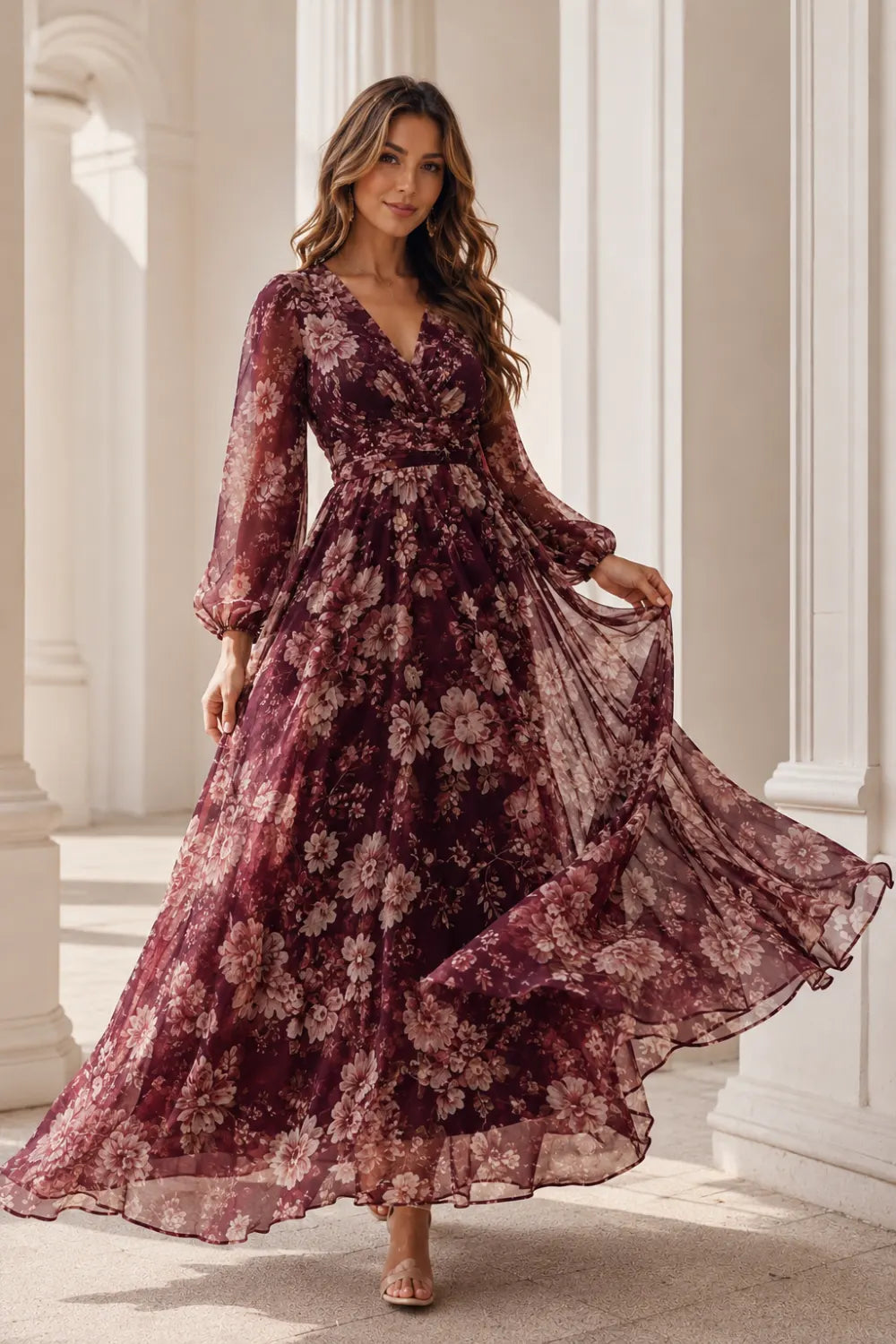 Burgundy Floral Long-Sleeve V-Neck Chiffon Maxi Dress