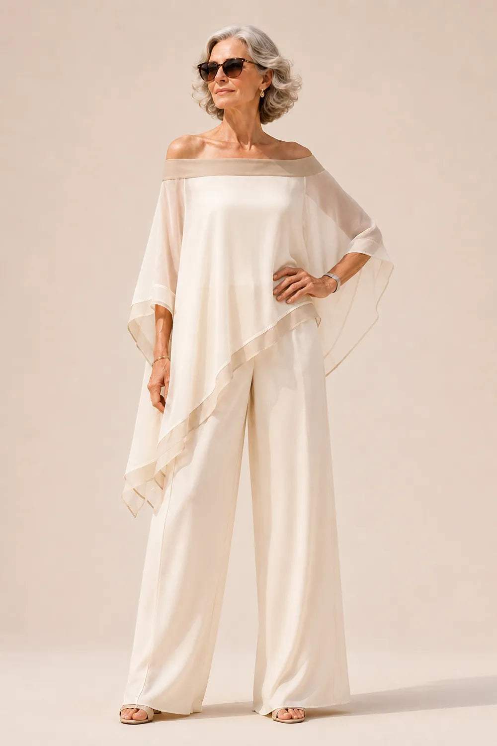 Sheer Chiffon Cape Three-Piece Formal Pant Set