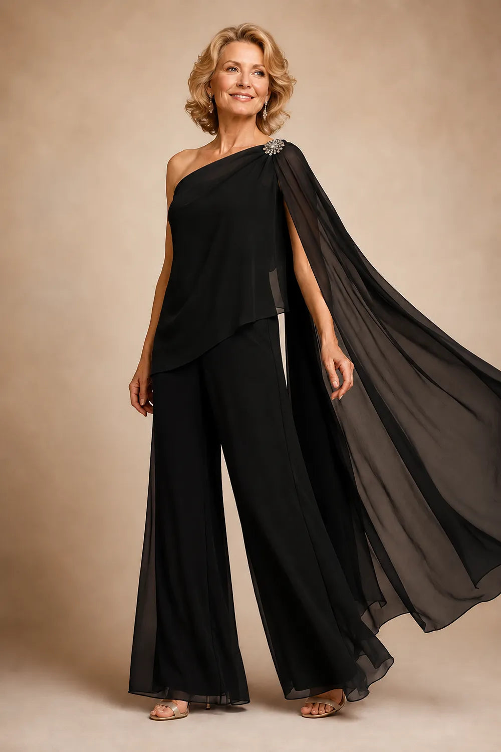 One-Shoulder Chiffon Pant Suit