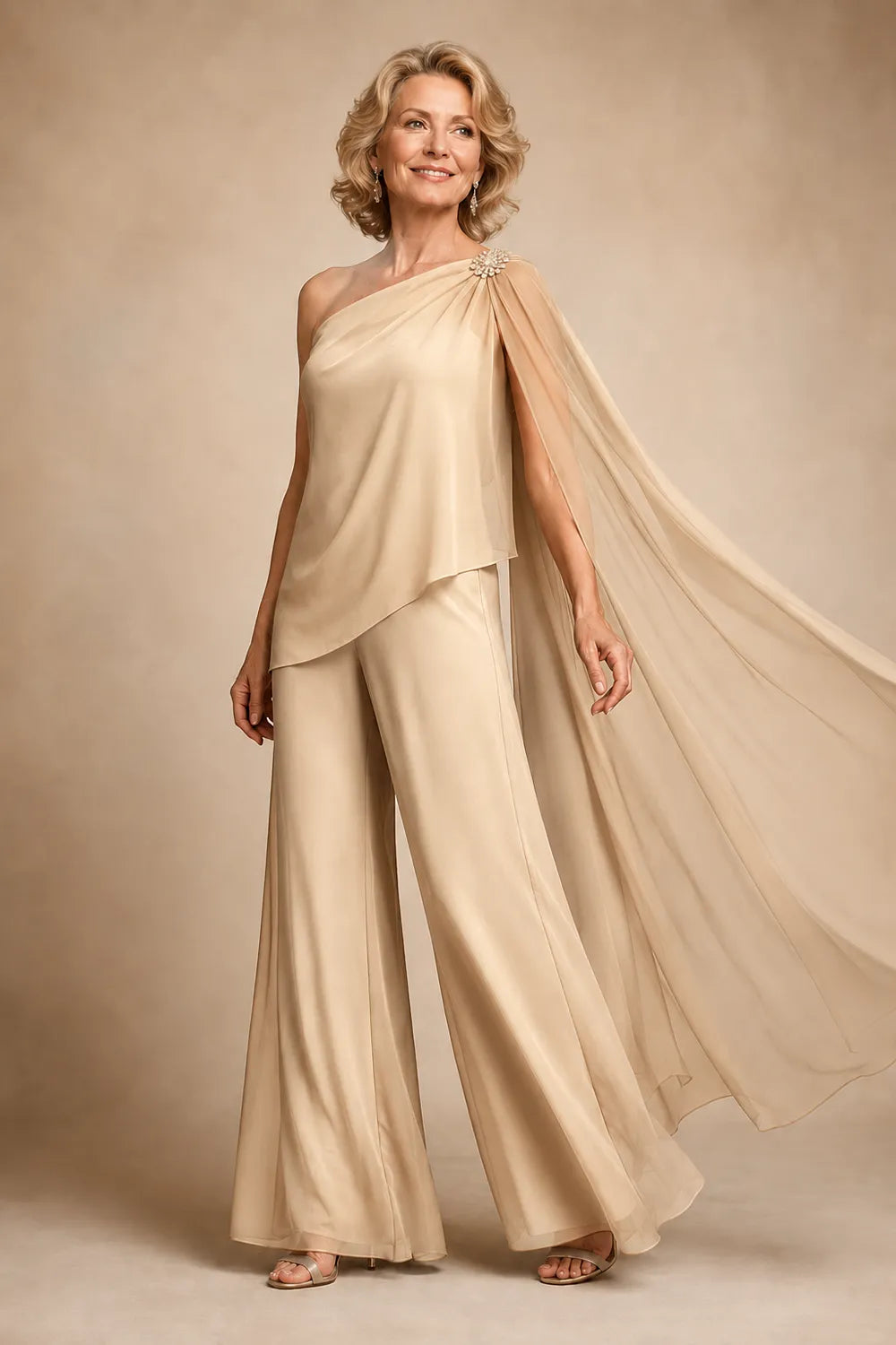 One-Shoulder Chiffon Pant Suit