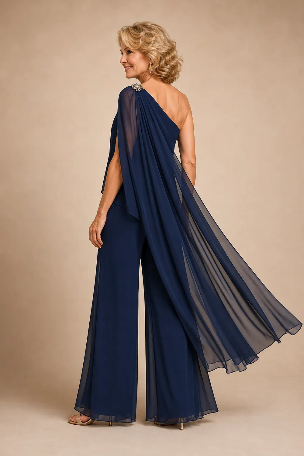 One-Shoulder Chiffon Pant Suit