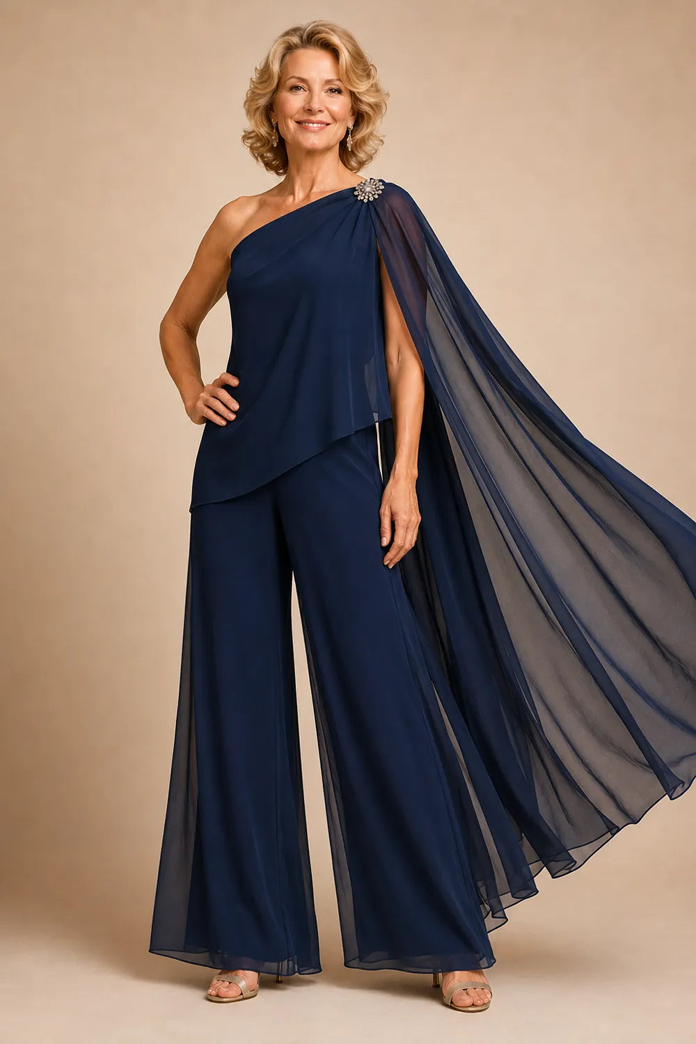 One-Shoulder Chiffon Pant Suit
