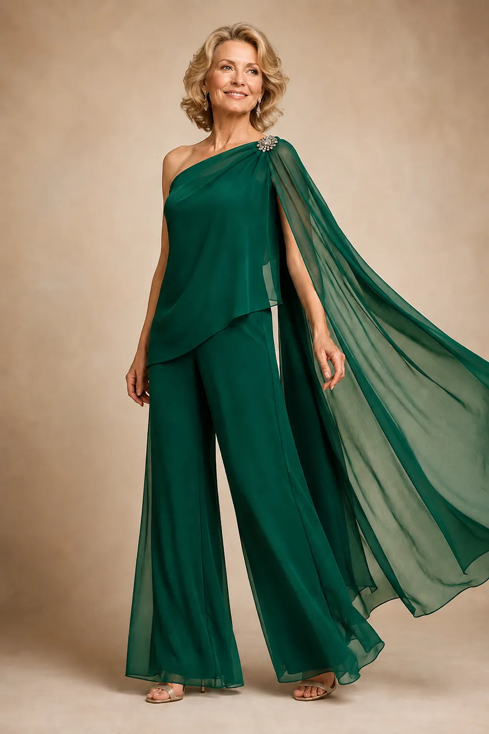 One-Shoulder Chiffon Pant Suit