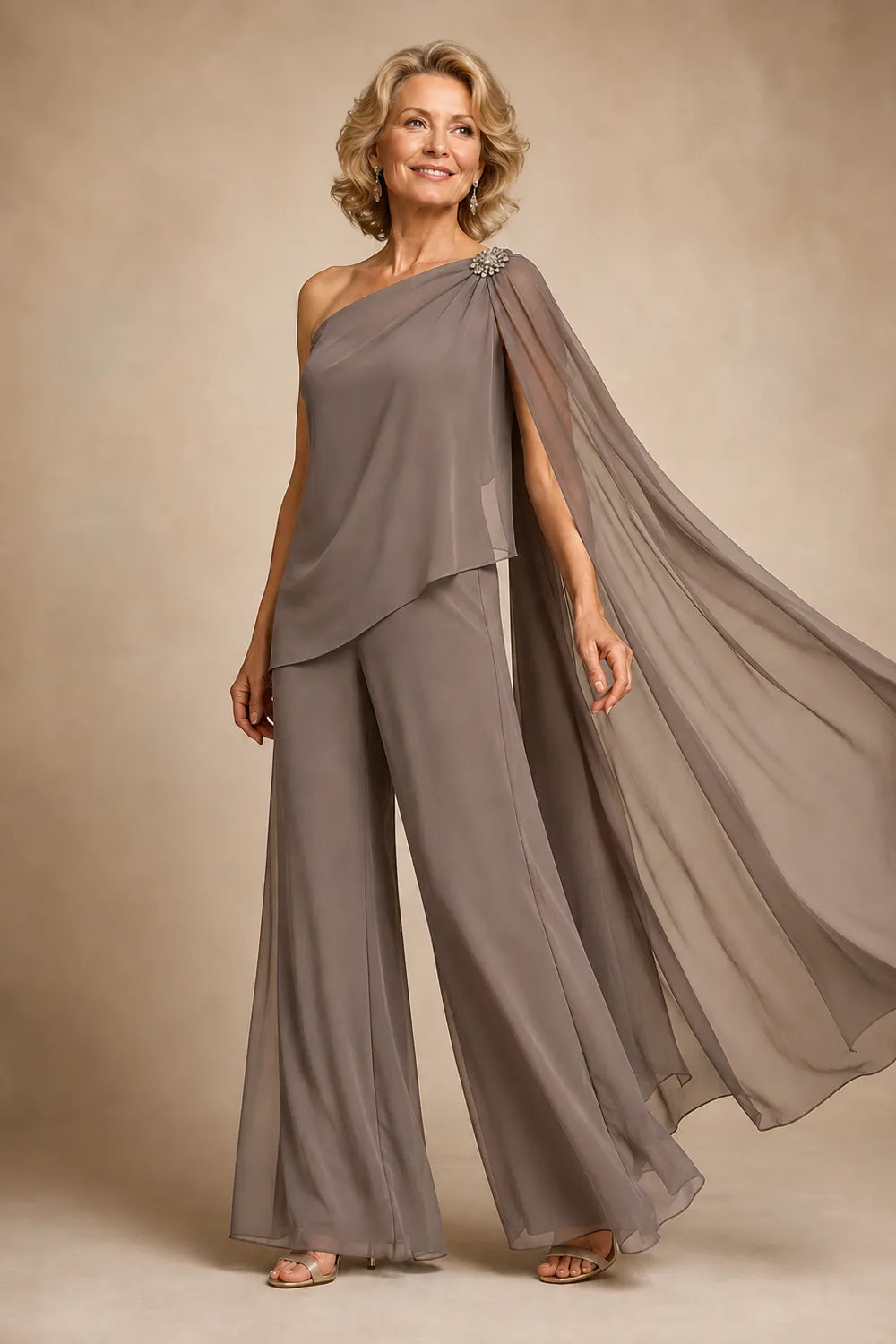 One-Shoulder Chiffon Pant Suit